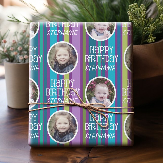 Custom Photo Whimsical & Colourful Birthday Stripe Wrapping Paper (Custom Photo Wrapping Paper)