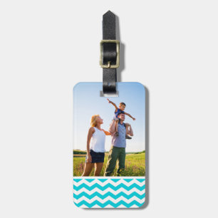 Custom Photo White and Aqua Zig Zag Pattern Luggage Tag