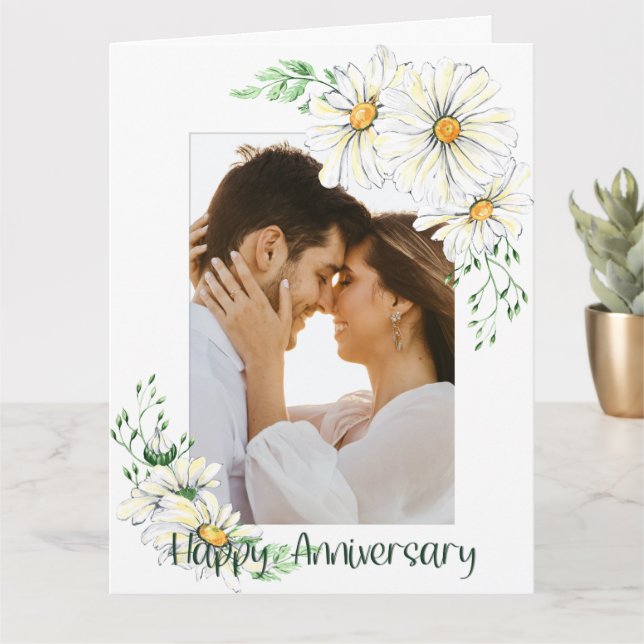 Custom Photo White Daisies Anniversary Card (Small Plant)