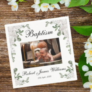 Custom Photo White Flowers Christening Baptism  Napkin