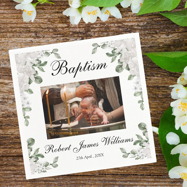 Custom Photo White Flowers Christening Baptism  Napkin (Creator Uploaded)