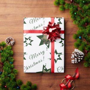 Custom Photo White Green Stars Merry Christmas Wrapping Paper