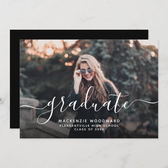 Custom Photo White Script Graduation Party Invitation (Front/Back)