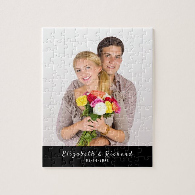 Custom Photo White Script Typography Couple's Jigsaw Puzzle (Vertical)