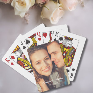 Custom Photo White Script Wedding Favor Playing Cards