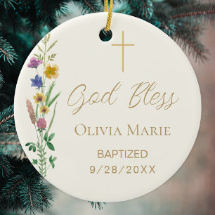 Custom Photo Wildflower Baptism Ceramic Ornament