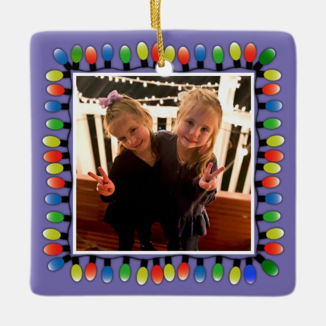 Custom Photo with back text Party Lights Purple Ceramic Ornament (Front)