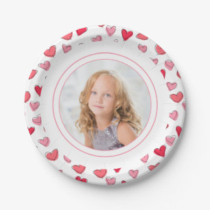 Custom Photo with Colourful Pink Heart Pattern Paper Plate