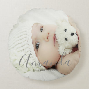 Custom Photo with Custom Name and Text Round Cushion