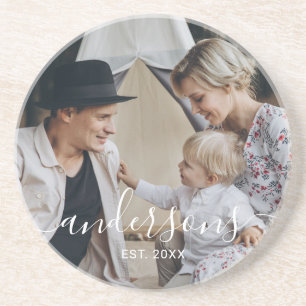 Custom photo with family name and established year coaster