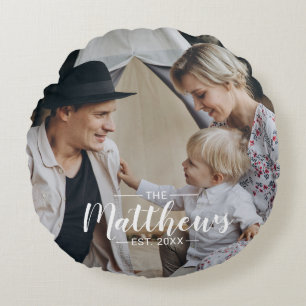 Custom photo with family name and established year round cushion