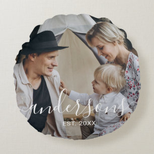 Custom photo with family name and established year round cushion