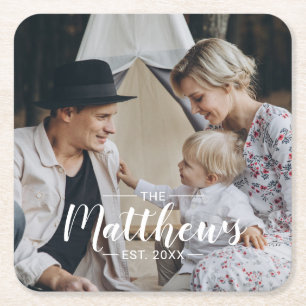 Custom photo with family name and established year square paper coaster