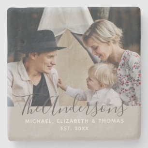 Custom photo with family name and established year stone coaster