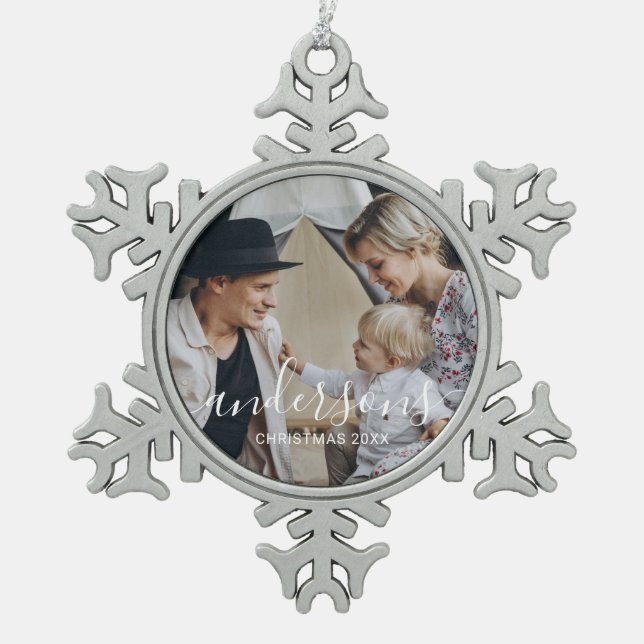 Custom photo with family name snowflake pewter christmas ornament (Front)