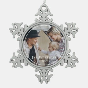 Custom photo with family name snowflake pewter christmas ornament
