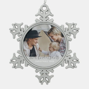 Custom photo with family name snowflake pewter christmas ornament