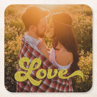 Custom Photo with Gold Love Overlay Square Paper Coaster