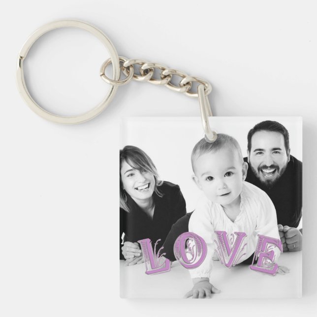 Custom Photo with Love Lettering Overlay Key Ring (Front)