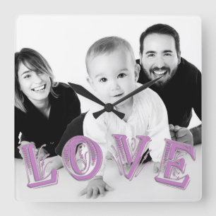 Custom Photo with LOVE Typography Overlay Square Wall Clock