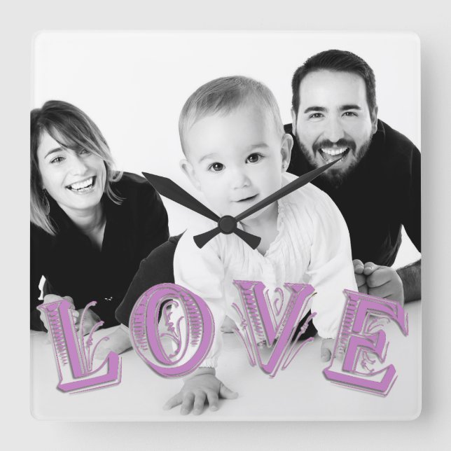 Custom Photo with LOVE Typography Overlay Square Wall Clock (Front)