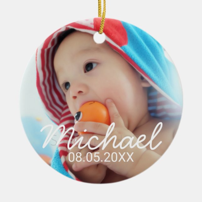 Custom Photo with Name and Date Ceramic Ornament (Front)