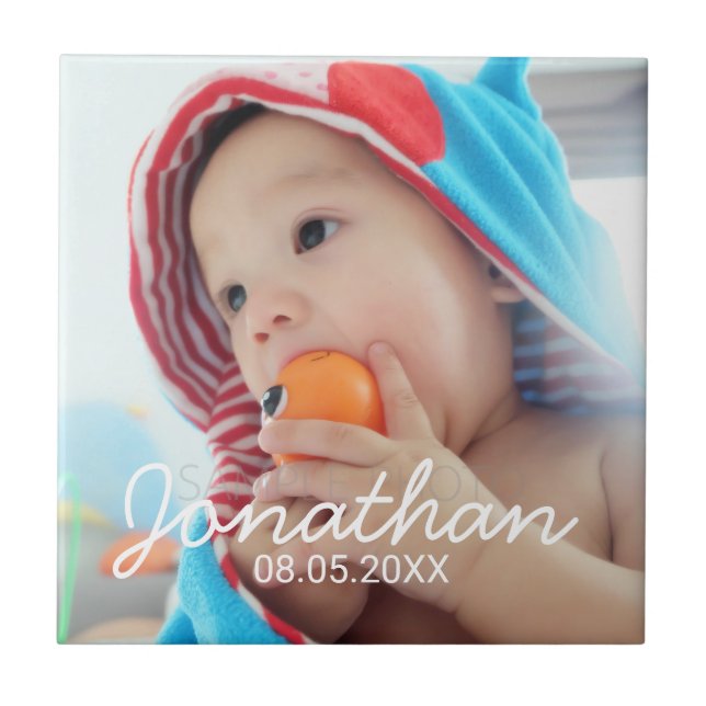 Custom Photo with Name and Date Ceramic Tile (Front)