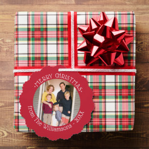Custom Photo with Name Red Border Christmas Tree Decoration Card