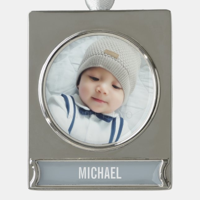 Custom Photo with name Silver Plated Banner Ornament (Front)