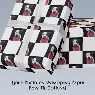 Custom Photo with Red Bow Tie Black White Chequere Wrapping Paper