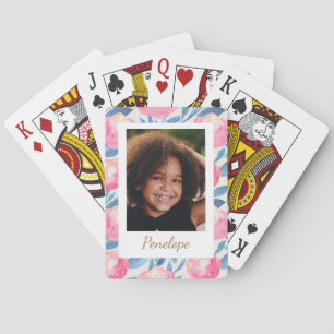 Custom Photo with Watercolor Floral Border Name Playing Cards
