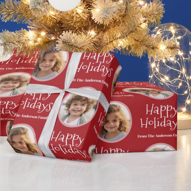 Custom Photo with Whimsical Happy Holidays - Red Wrapping Paper (Holidays)