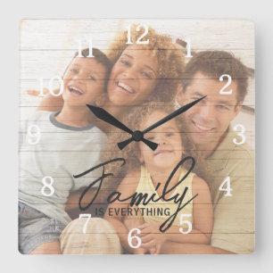 Custom Photo Wood Texture Overlay Family Quote Square Wall Clock