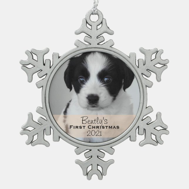 Custom Photo Year Puppy's First Christmas Snowflake Pewter Christmas Ornament (Front)
