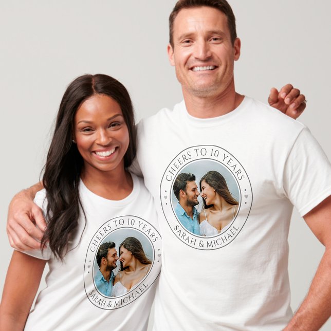 Custom Photo & Year Wedding Anniversary Couples T-Shirt (Cheers to 10 Years Wedding Anniversary Matching T-Shirts)