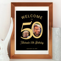 Custom photos 50th birthday gold black welcome