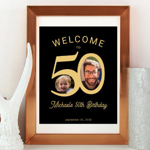 Custom photos 50th birthday gold black welcome poster