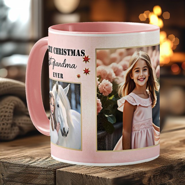 Custom Photos Best Grandma Ever Pink Christmas Coffee Mug (Christmas mug featuring custom photos on pink with festive red and gold stars - gift for grandma)