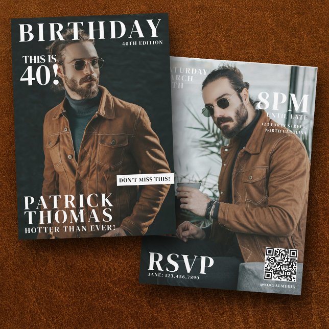 Custom Photos Birthday Magazine Cover Male 40th Invitation (Custom Birthday Party Magazine Cover Male 40th Invitation)