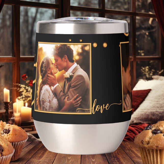 Custom Photos Black Gold Wedding Insulated Tumbler (Insulated tumbler featuring your wedding photos framed by a festive black and gold design)