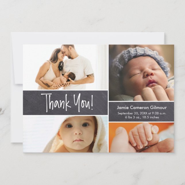 Custom Photos Chalkboard Birth Date Baby Shower Thank You Card (Front)