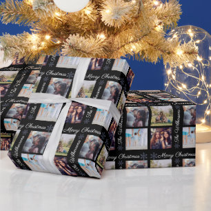 Custom Photos & Family Name Black Merry Christmas Wrapping Paper