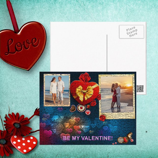 Custom Photos & Name Heart Be My Valentine Mosaic Holiday Postcard (Creator Uploaded)