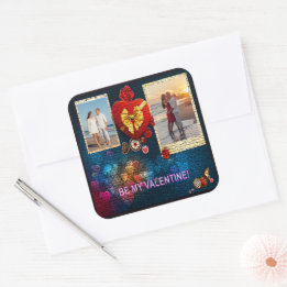 Custom Photos & Name Heart Be My Valentine Mosaic Square Sticker