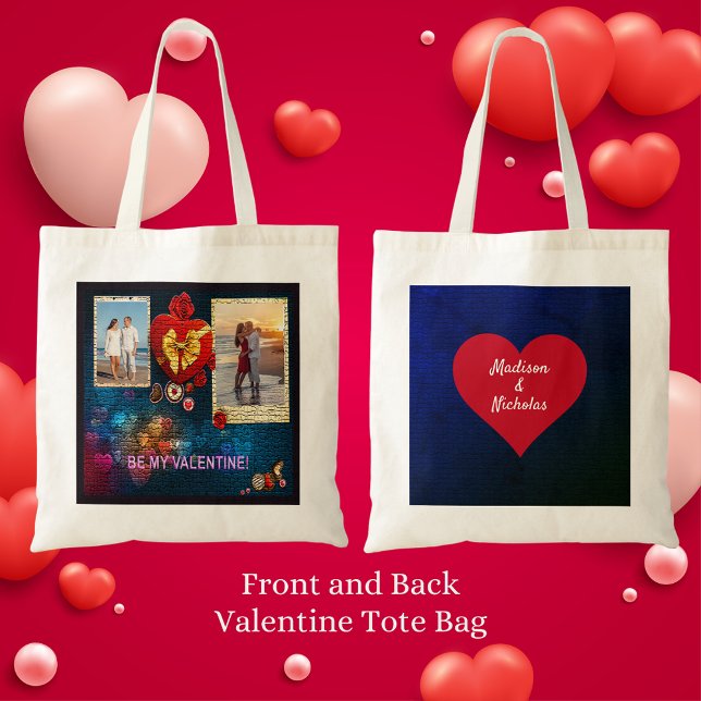 Custom Photos & Name Heart Be My Valentine Mosaic Tote Bag (Custom Photos & Name Heart Be My Valentine Mosaic Tote Bag Front and Back)