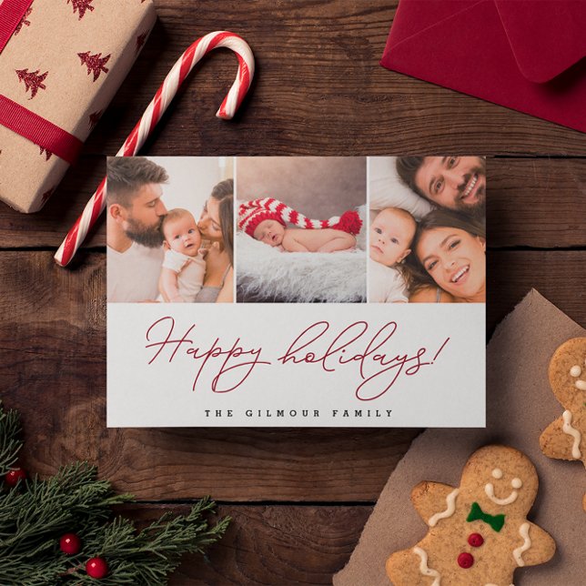 Custom Photos Red script Happy Holidays Holiday Postcard (Happy Holidays Family photo Christmas postcard)