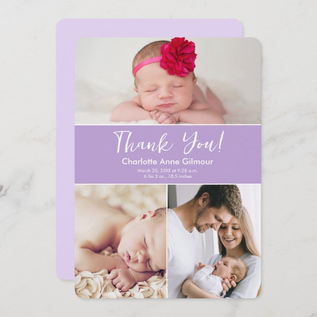 Custom Photos Soft purple Baby Girl Shower  Thank You Card (Front/Back)
