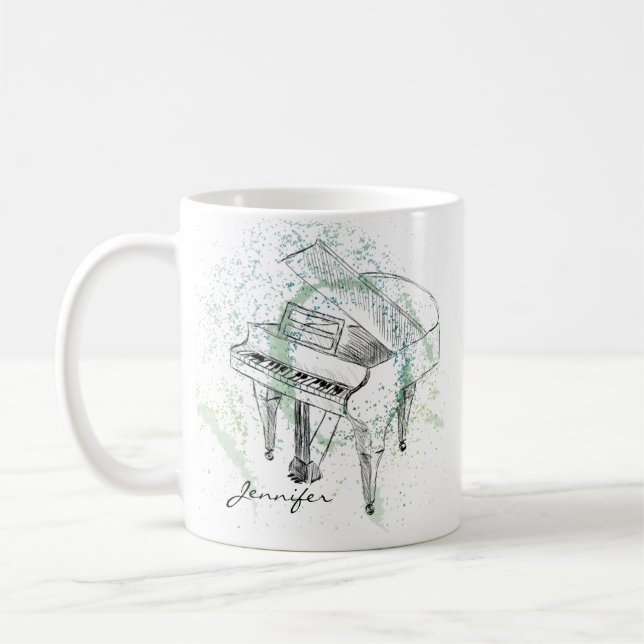 Custom Piano Illustration Art Drawing Music Lovers Coffee Mug (Left)