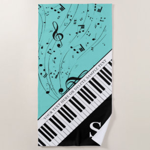 Custom Piano Music Notes Script Name Black Mint Beach Towel