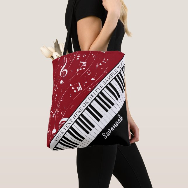 Custom Piano Music Notes Script Name Black Red Tote Bag (Close Up)
